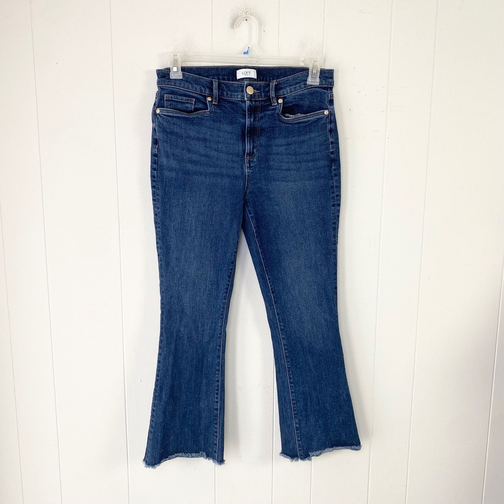 LOFT Outlet Dark Wash Flare Crop Jeans Raw Hem Blue Size 29 8